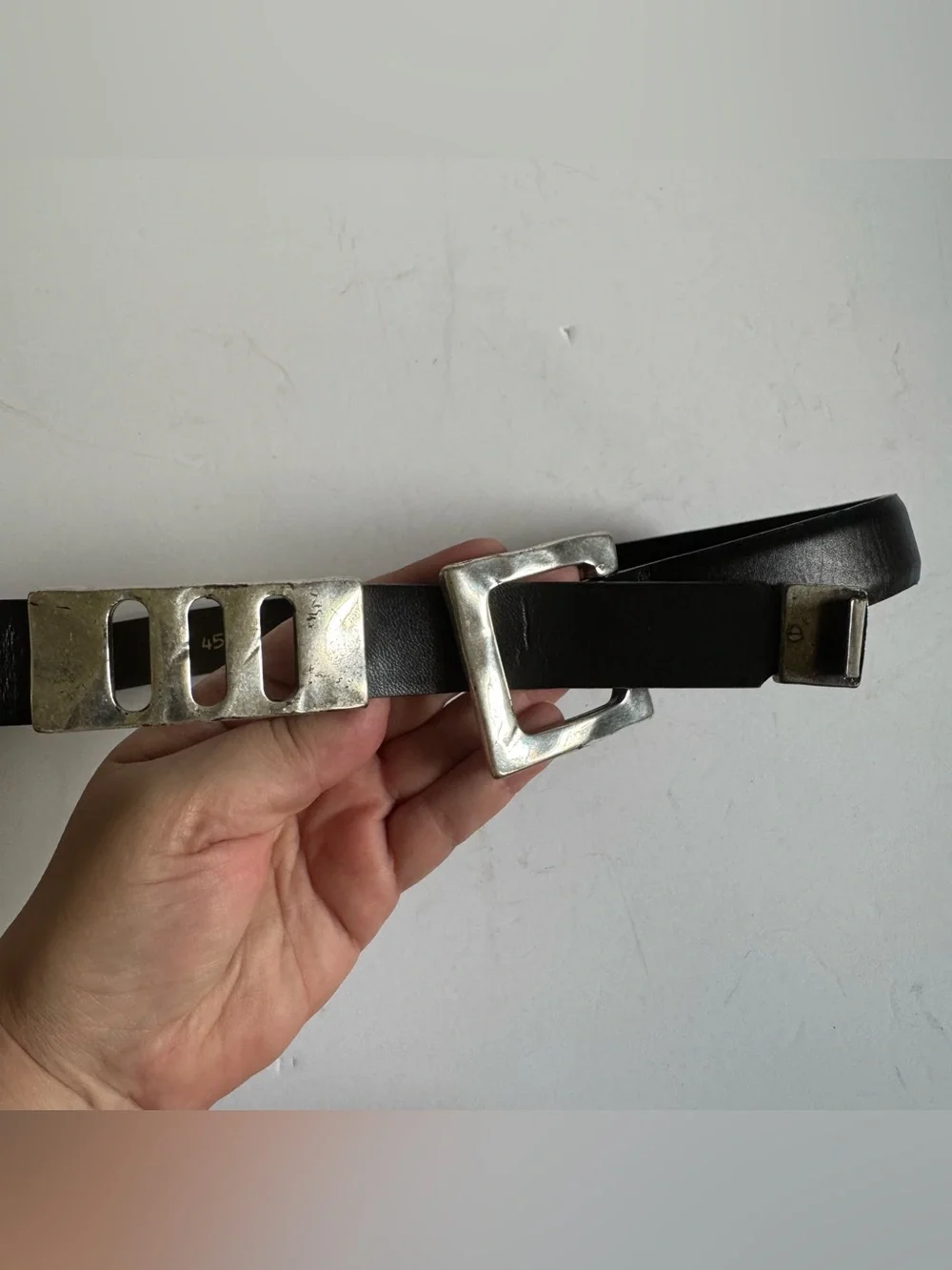 Vtg Sandy Duftler Black Leather Silver Tone Belt M Brutalist Modernist Buckle